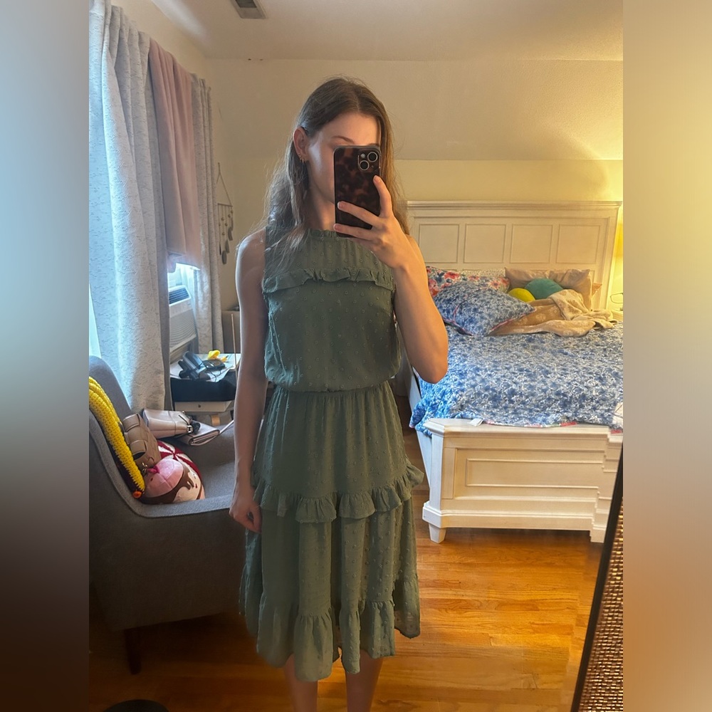Monteau Sleeveless Olive Green Dress with Ruffles